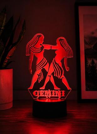 Нічник 3d led «близнюки (gemini)» |на батарейці/ rgb декілька кольорів /подарунок за знаком зодіаку