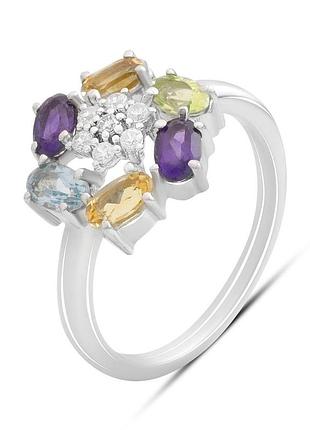 Срібне кільце proba з натуральним аметистом 1.577ct, цитрином, хризолітом, топазом, вага виробу 3,13 г (2193173) 17 розмір