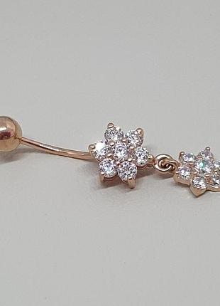 Золотая серьга-пирсинг цветы с фианитами. 360090