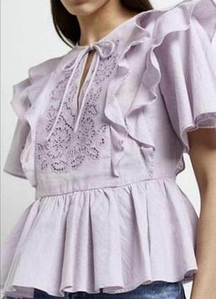 Блуза хлопковая нежно-сиреневая с вышивкой, рюшами ьяа баской river island