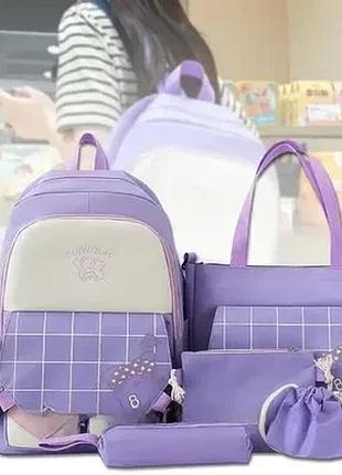Школьный набор guiyubag mfg-612 5 в 1: рюкзак, сумка, клатч, пенал и мешок, фиолетовый с белой клеткой