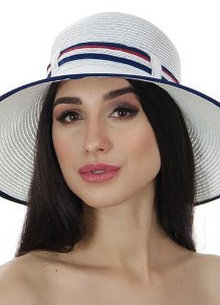 Жіночий літній капелюх з широкими полями дельмар (del mare)білого кольору з синіми краями, розмір 56-58