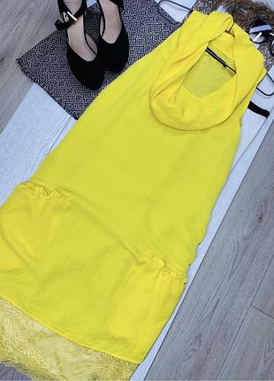 Літня міді сукня zara m пряма сукня з мереживною вставкою жовте плаття з коміром зара