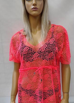 Пляжная туника халат кружевная с рукавом хl-3xl коралловый на 46-50