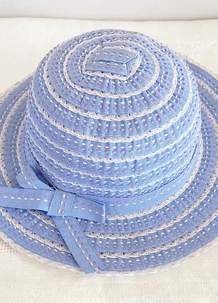 Летняя детская шляпка для девочки поле 4.5 см из ленты цвет -голубой с белыми полосками