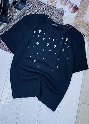 Вʼязана футболка zara l чорна футболка в стрази футболка з вʼязаного трикотажу зара