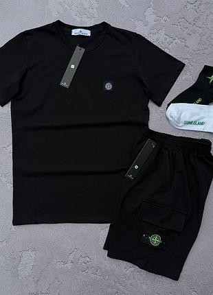 Летний костюм stone island черный футболка + шорты-тон айленд с патчем s / m / l / xl / xxl