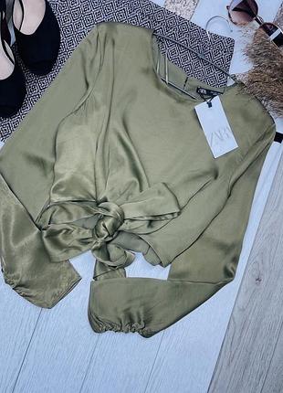 Нова літня блуза zara l коротка блуза сатинова оливкова блуза з зав’язкою нова блузка зара