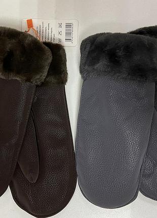Подростковые тёплые варежки из эко-замши с мехом коричневые и серые