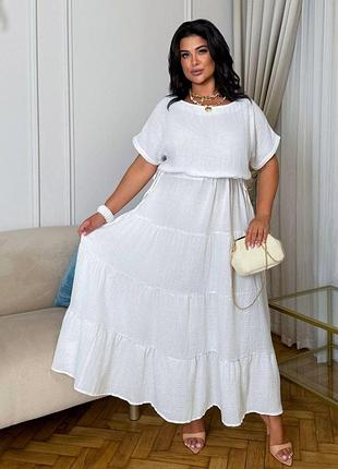 Платье меди из двухслойного муслина, свободный oversize, многоярусное, белый, размер 50/52
