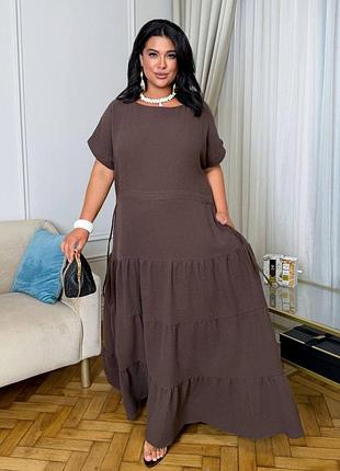 Платье меди из двухслойного муслина, свободное oversize, многоярусное, шоколадное, размер 50/52