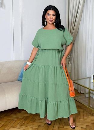 Платье меди из двухслойного муслина, свободное oversize, многоярусное, фисташка, размер 58/60
