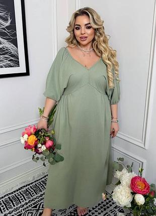 Літня сукня міді з льону з відкритою спинкою, вільного oversize крою, фісташковий, 52/54