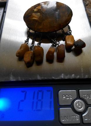 Янтарь, брошь янтарная круглая с подвесками