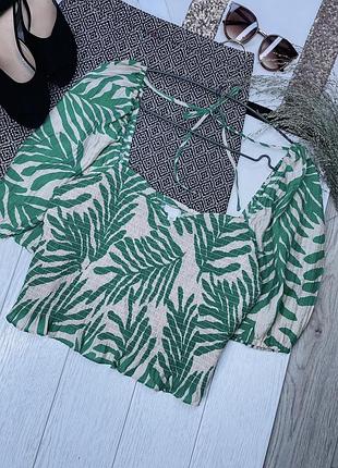 Літня блуза h&m m блуза в тропічний принт різнокольорова блуза з об’ємними рукавами блуза на резинці з завʼязками