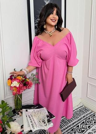 Літня сукня міді з льону з відкритою спинкою, вільного oversize крою, рожевий, 56/58