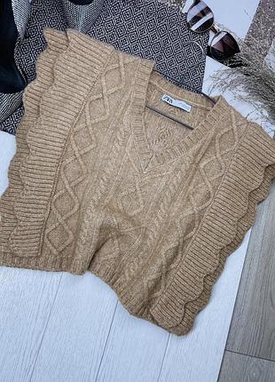 В’язаний жилет zara s  об’ємний жилет з узором косами джемпер безрукавка прямий зара
