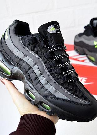 Nike air max 95 black gray green мужские кроссовки черные с серым и салатовым размер 43/27,5см