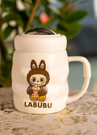 Чашка порцелянова з кришкою labubu 400 (мл) білий з жовтим fm-54d