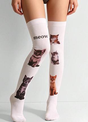 Довгі білі панчохи вище коліна з принтом котиків meow y2k, жіночі гольфи 40 den