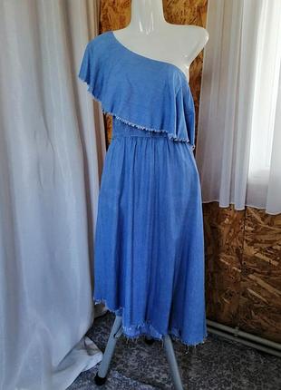 Літня сукня zara імітація джинсу віскоза волан відкриті плечі та спинка з боків кишені