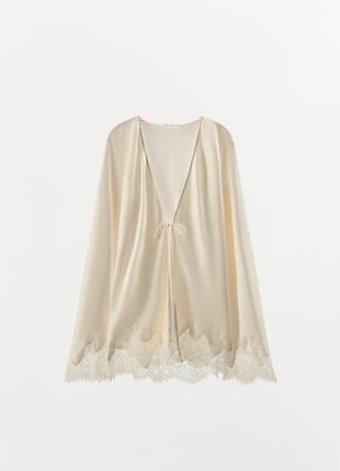 Атласна, сатинова накидка, кімоно з мереживом zara, сорочка, капа, туніка, пончо, халат молочного кольору