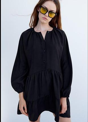 Свободное платье ярусное zara черное платье на пуговицах с объемными рукавами сукня зара