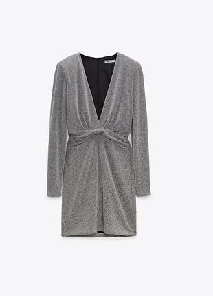 Платье блестящее серебристое с подплечниками zara xl