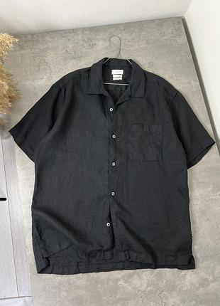 Чоловіча сорочка рубашка на ґудзиках льон 100% лён мужская linen черная на пуговицах с воротником льняная лляна