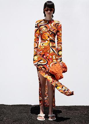 Платье красочное с длинными рукавами zara м