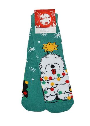 Носки махровые женские в новогодний принт 36/39 зеленые