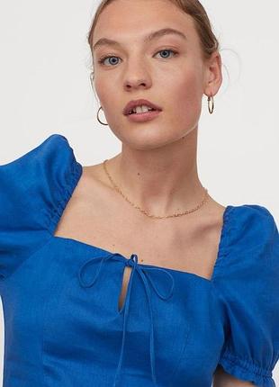 Синяя льняная блузка (топ) от h&m, размер l, 100% лён.