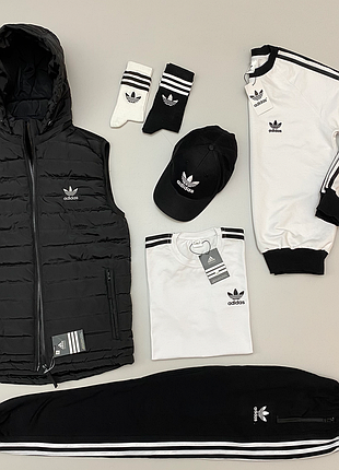 Мужской спортивный костюм 5в1 adidas с жилеткой демисезонный (свитшот, футболка, брюки, кепка)