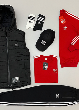 Чоловічий спортивний набір adidas червоний/чорний жилетка + світшот адідас + штани + футболка + кепка