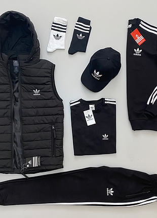Спортивний чоловічий костюм adidas демісезон жилетка адідас + світшот + штани + футболка + кепка адік