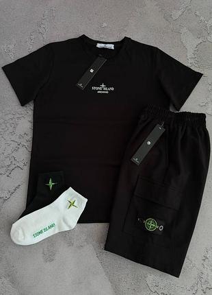 Костюм мужской на лето stone island черный футболка сот айленд с патчем + шорты с патчем