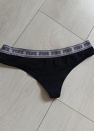 Черные трусики коттоновые стринги базовые бикини спортивные танга pink victoria's secret s c 8 36 44