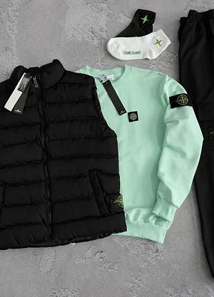 Спортивный костюм stone island 3в1 с патчем жилетки + свитшот + штаны карго стон айленд демисезон