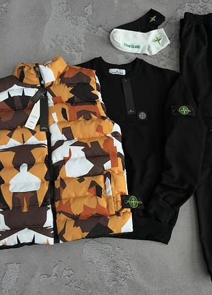 Костюм мужской stone island с патчем жилетка + свитшот черный спон айленд + брюки xs / s / m / l / xxl / xxl / xxl
