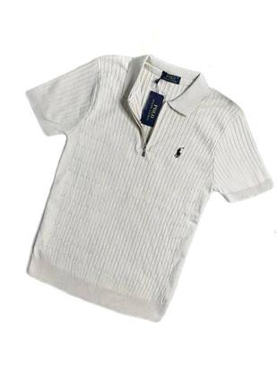 Чоловіча в'язана футболка поло від polo ralph lauren виконана у світлому кольорі та має застібку-блискавку замість класичних ґудзик