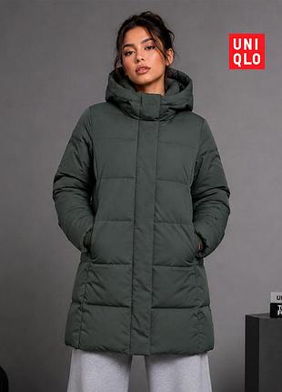 Женский хаки пуховик из пера uniqlo xs