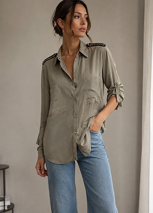 Стильная рубашка, блузка tm zara basic в стиле милитари с бисером
