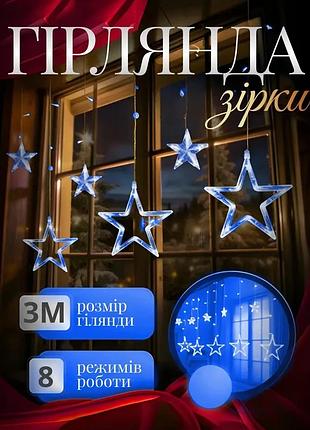 Електрична гірлянда зірка штора 3*0,9 м 12 на вікно для фотозон синя wyf11bl