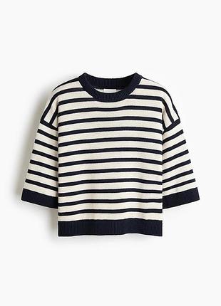 Базова футболка h&m вʼязана жіноча смугаста у смужку темно-синя моряцька джемпер з короткими рукавами