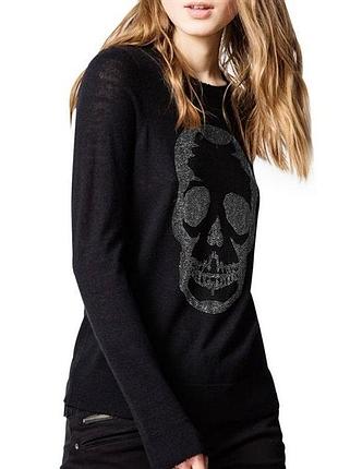 Черный женский свитер zadig &amp; voltaire miss bis из кашемира, украшен узором в виде черепа из страз.