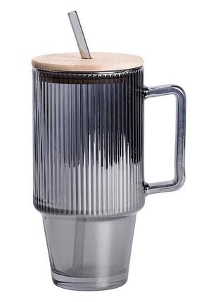 Кружка скляна з кришкою та трубочкою 750 (мл) сірий hp-19-50