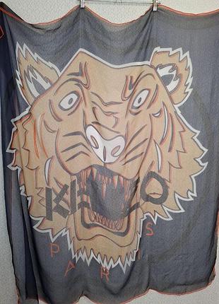 Шовковий шарф хустка kenzo з принтом тигра написом лого бренду "lucky tiger", прозорий