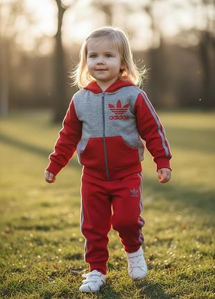 Детский спортивный костюм adidas красный + серый меланж, размер 98-104