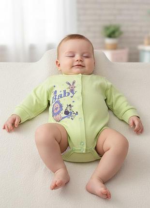 Боді дитячий салатовий з принтом звірята baby двонитка начіс довгий рукав, розмір 62-68