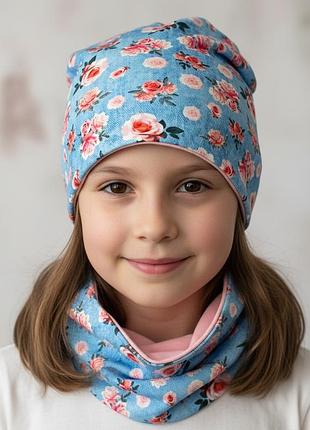 Шапка и снуд джинс роза